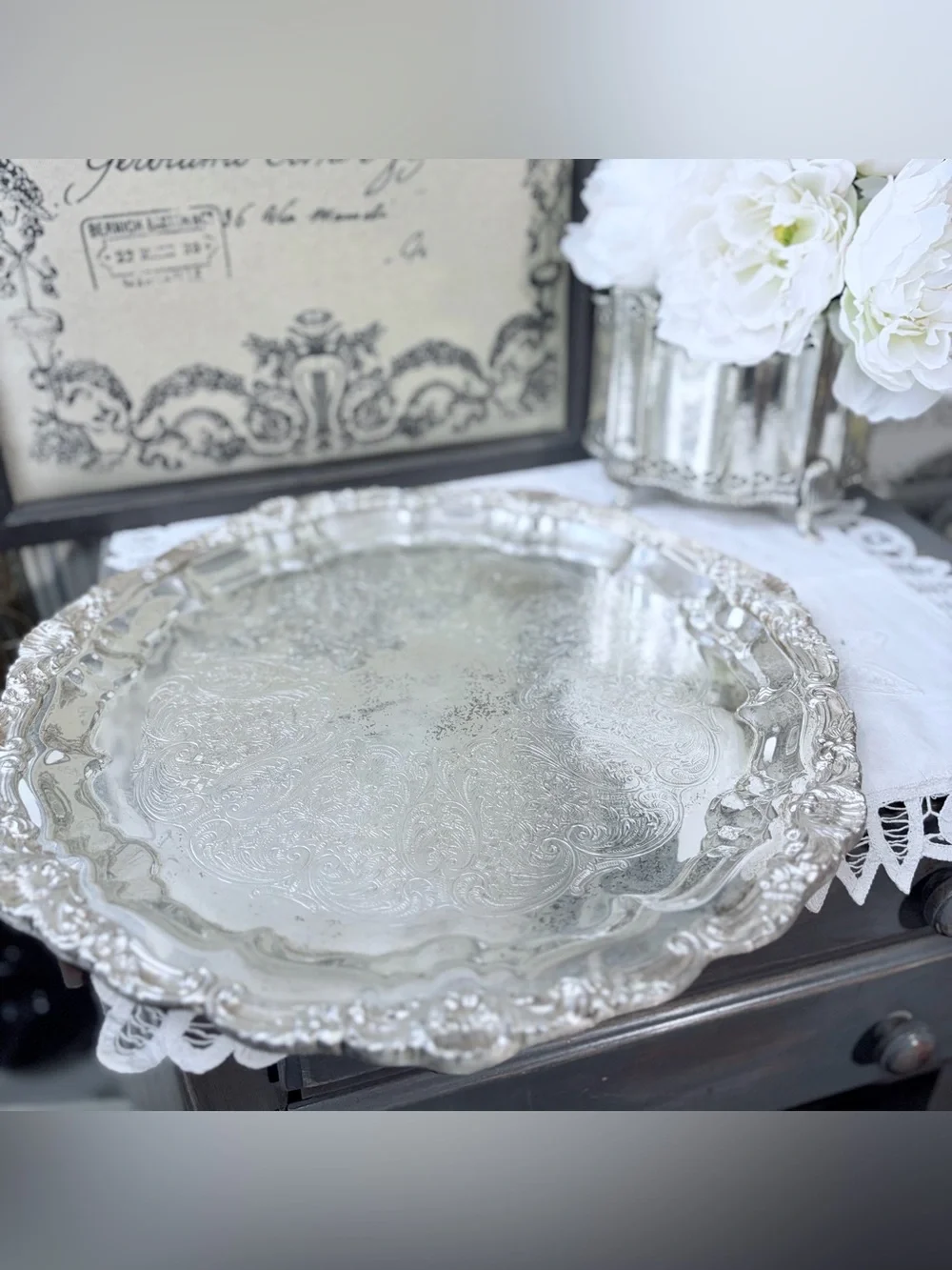 Towle silver ornate serving tray shells floral heritage